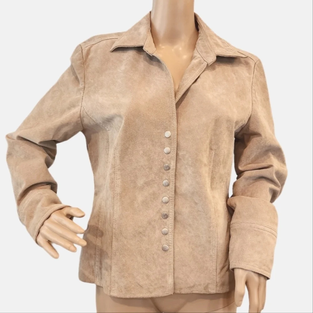S/M 100% Leather Snap Front Tan Jacket 19" Underarms Estimated Small Or Medium